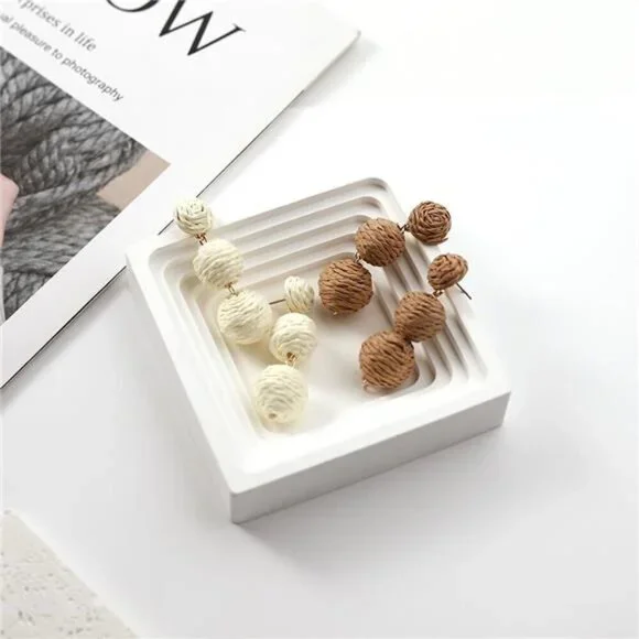 Boho Double Ball Drop Earrings – Woven Rattan Statement Earrings, Set of 2 pair - Picture 7 of 7